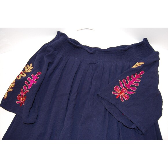 Dizzy Lizzy Navy Blue Size M Boho Pheasant Off the Shoulder Embroidered Dress - Picture 3 of 7